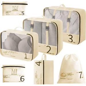 7 Set Packing Cubes for Suitcases Travel Luggage Packing Organizers,Travel Accessories Essentials Luggage Organizer for Shoe/Tioletry/Laundry Bag(Beige)