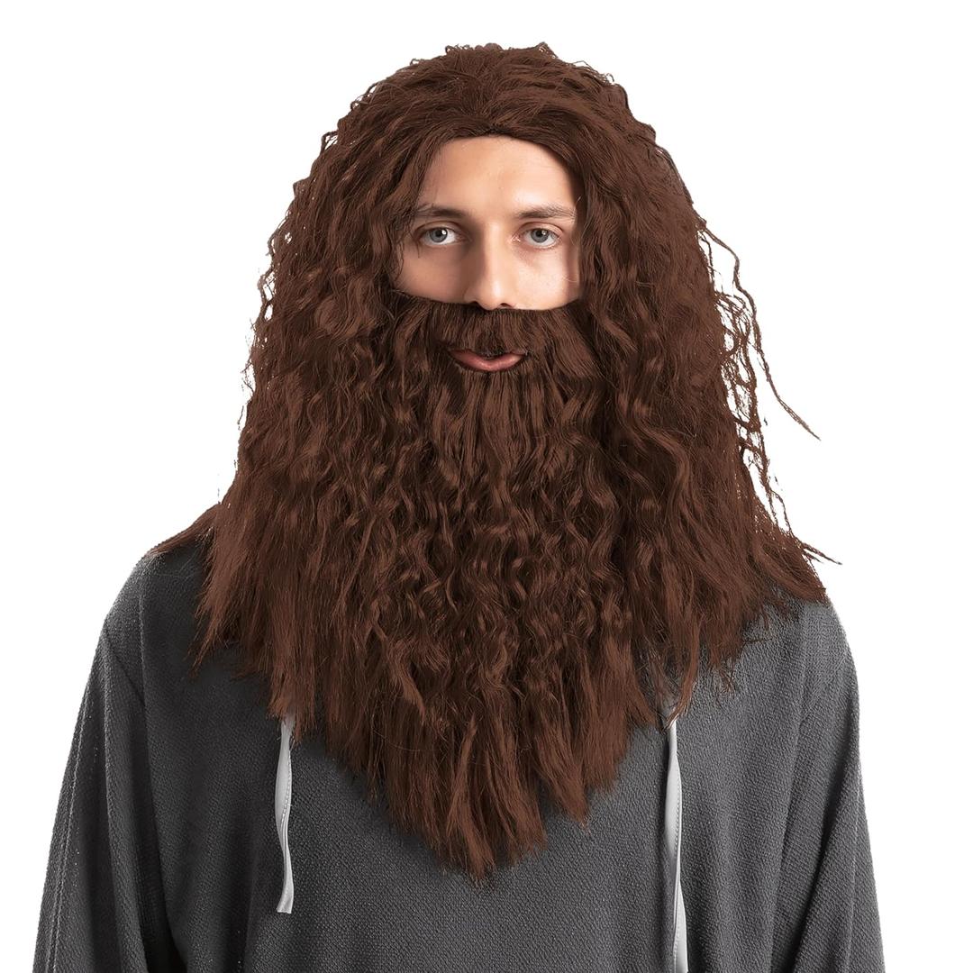Spooktacular Creations Halloween Brown Wizard Curly Wig with Beard, Long Brown Funny Father Time Costume Accessory for Men, Adults Cosplay Party and Dress Party Christmas Accessories