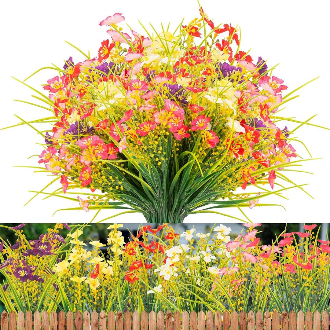 12 Bundles Artificial Outdoor Flowers Lifelike UV Resistant Fake Plastic Plants Indoor Outside Hanging Plants Garden Porch Window Box Decor (Mix 6 Colors)
