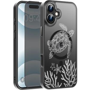 Goodon for iPhone 17 Case with Privacy Screen Protector, Compatible with Magsafe, Shockproof Translucent Matte Cover - Cute Floral Design Phone Case for Women and Girls - Sea Turtle
