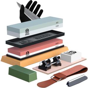 Complete Knife Sharpening Stone Kit - Goodjob Premium Whetstone Knife Sharpener Stone - Dual Grit 400/1000 3000/8000 Wet Stone Sharpening Kit with Cut Resistant Gloves, Honing Guide, Bamboo Base
