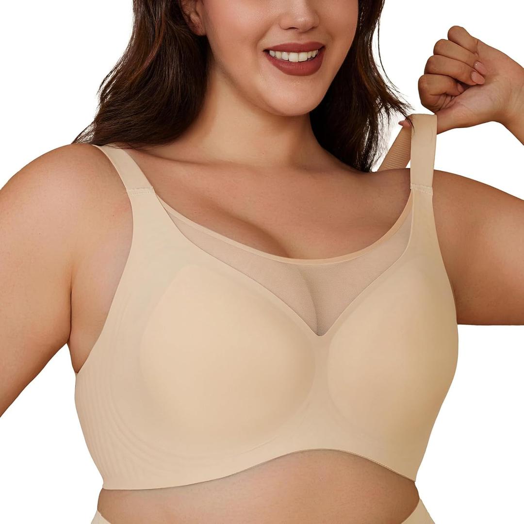 Bra for Women, Deep V Wireless Smooth Seamless Plus Size Bra - Push Up, No Underwire, Full Comfort (Large, Pink)