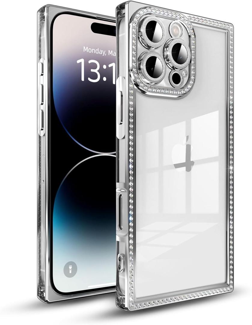 Rectangle Glitter Bling Diamond Case for iPhone 13 Pro,Cute Luxury Sparkly Cover,Full Camera Protection Soft TPU Bumper Shockproof Slim Phone Case for Women Girls(iPhone 13 Pro,Silver)