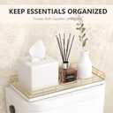 Toilet Paper Basket Organizer Oak Wood Toilet Tank Tray with Metal Frame, Bathroom Counter Top Storage for Toilet Paper, Wipes & Decor, Modern Narrow Back of Tank Shelf Organizer, Gold & White