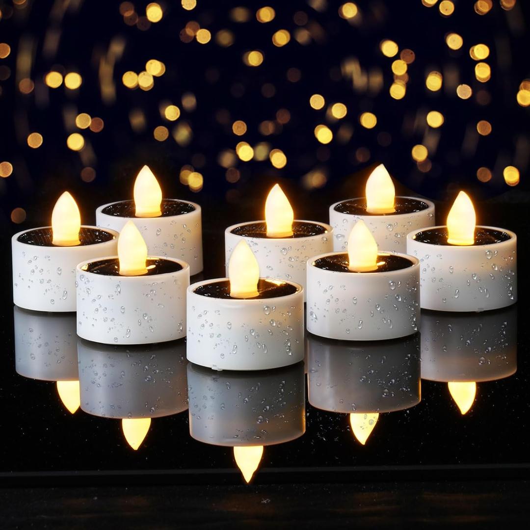 Homemory 8Pcs Solar Tea Lights Outdoor Waterproof, Rechargeable Dusk to Dawn Lighting, Flameless Flickering LED Votive Candles for Fairy Garden Decor, Patio Tables, Christmas Lanterns, Windows (8-Pack, 1.5''x1.58'')