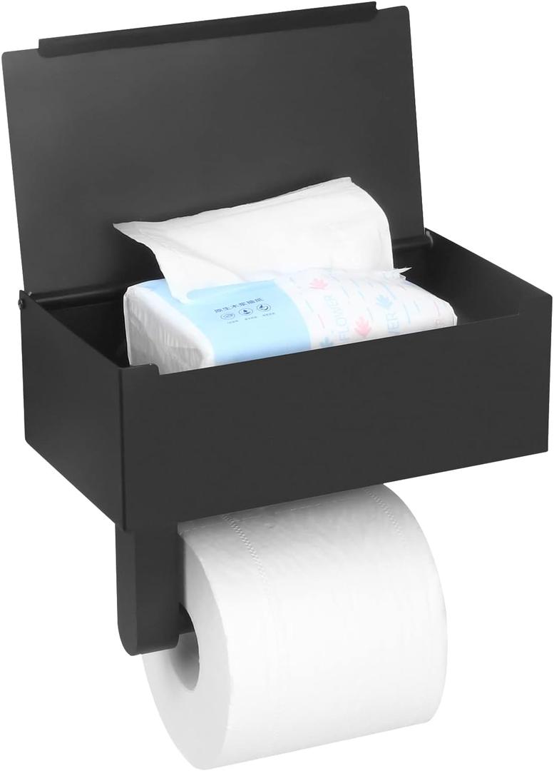 Toilet Paper Holder with Shelf, Wall Mount Wipes Dispenser & Storage for Bathroom, Keep Wet Wipes Hidden, Stainless Steel Bathroom Organizer Black Update Larger