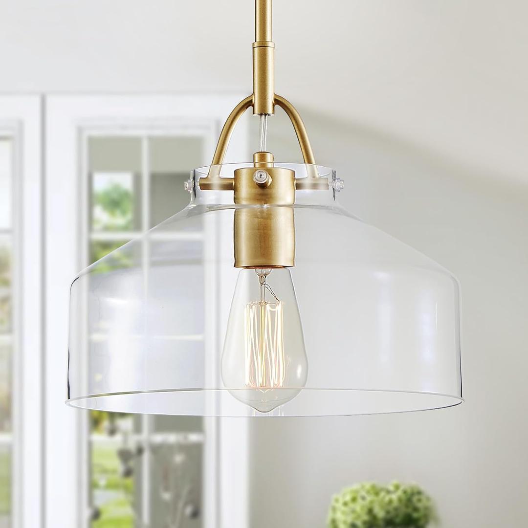 WUZUPS Chandelier Rustic Farmhouse Industrial Round Ceiling Pendant LED Light Fixture with Clear Glass Shades for Dining Room Kitchen Island Foyer Entryway, H 9.4" x W 10.6", E26 Base, Gold
