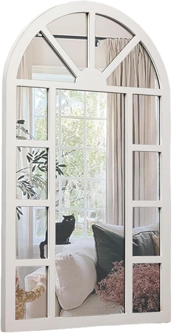 Rustic Wooden Arched Window Mirrors for Wall Decor 24 x 40 inches, Hanging Distressed White Farmhouse Decorative Wall Mounted Window Pane Mirrors for Living Room Hallway Bedroom Christmas