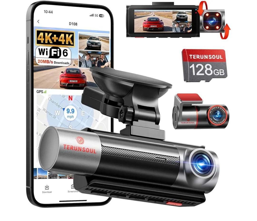 TERUNSOUl 4K+4K+1080p 3 Channel Dash Cam, Free 128GB Card Included, WiFi6 Dash Camera for Cars with Builtin GPS, GSensor, 170°Wide Angle, 24H Parking Mode, Support 512GB Max
