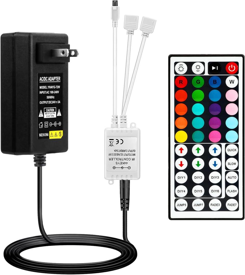 Yiliaw 44 Key IR Remote Controller Kit - Wireless Rectifier Control Box & DC 24V 3A Power Supply Adapter for RGB LED Strip Lights