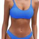 Fanuerg Women's Ribbed Bikini Sets Scoop Neck Cheeky Swimsuit Textured Two Piece Bathing Suit (Medium, Dark Blue)