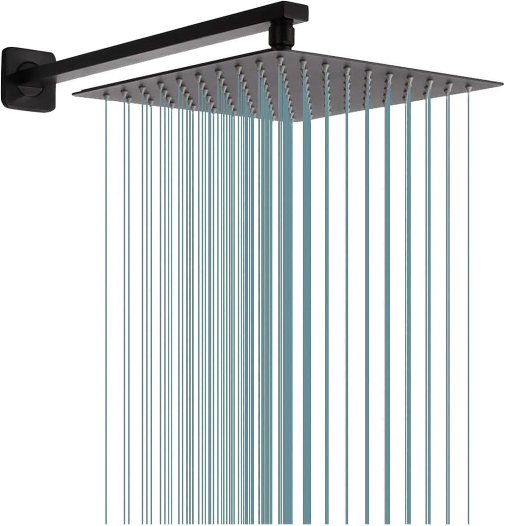 Rain Shower Head Black with Extension Arm 16 Inch Square Shower Head with 16 Inch Shower Arm Large Stainless Steel Rainfall Showerhead Matte Black Waterfall Full Body Coverage by GGStudy