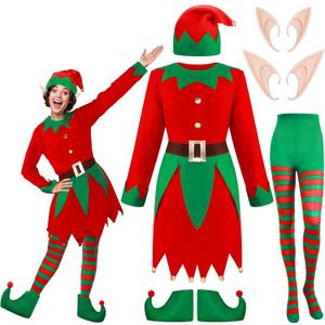 Haysandy 6 Pcs Elf Christmas Costume Set Including Costume Dress with Belt Elf Hat Shoes Covers Christmas Striped Tights Cosplay Fairy Pixie Ears for Women Accessories