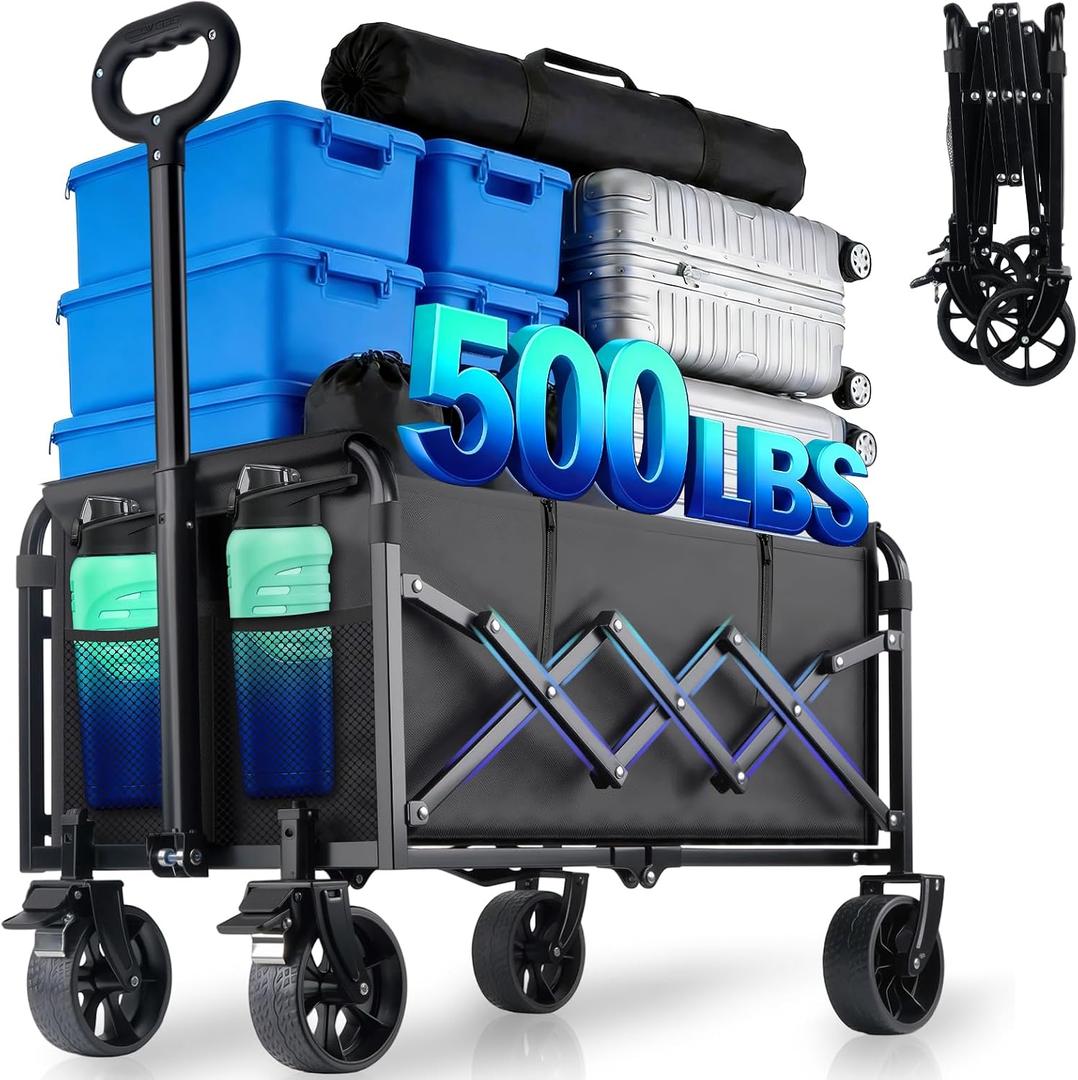 500LBS Collapsible Wagon Cart Foldable - 230L Large Heavy Duty Utility Cart with 360Swivel Brake Wheels, Lightweight Collapsible Wagon for Groceries Camping & Beach