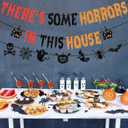 Pre-Strung There's Some Horrors In This House Banner with Pumpkin Skull Spider Web Bat Witch Ghost Sign for Halloween Party Decorations Home Office Classroom Indoor Wall Mantel Fireplace Backdrop