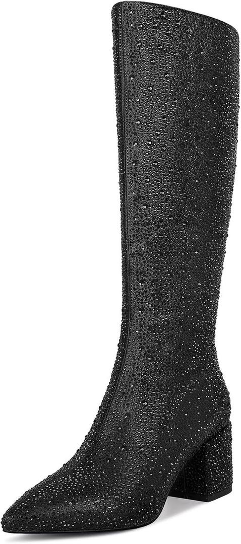 wetkiss Rhinestone/PU Low Chunky Pointed Toe Knee High Boots for Women with Full Bling Sparkly Crystals Booties for Wedding Party Date Dress (9)