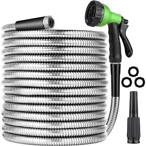 50FT Stainless Steel Garden Hose, Water Hose with 10 Function Sprayer Nozzle & Adjustable Nozzle, Garden Hose Rust Proof Kink Free & Tangle Free Flexible for Lawn, Car, RV, and Outdoor Watering
