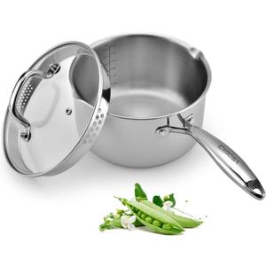 Stainless Steel Saucepan with Glass Lid, 3.5 Quart Multipurpose Sauce Pan, Sauce Pot - for Easy Pour with Ergonomic Handle (Tri-Ply Full Body)