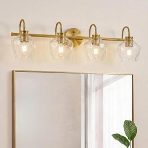 Brushed Gold Vanity Light, 4 Light Bathroom Light Fixtures with Clear Diamond-Shape Hammered Glass, Brass Vintage Ripple Wall Lights for Hallway, Bedroom, Anti-Rust, E26 Base (No Bulbs)