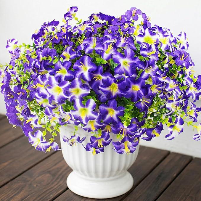 Daynight 32 Pcs Faux Petunias Artificial Flowers for Outdoors, UV Resistant Fake Purple Petunias Plants Realistic Silk Flowers for Porch Front Door Garden Window Outside Decor (32, Purple)