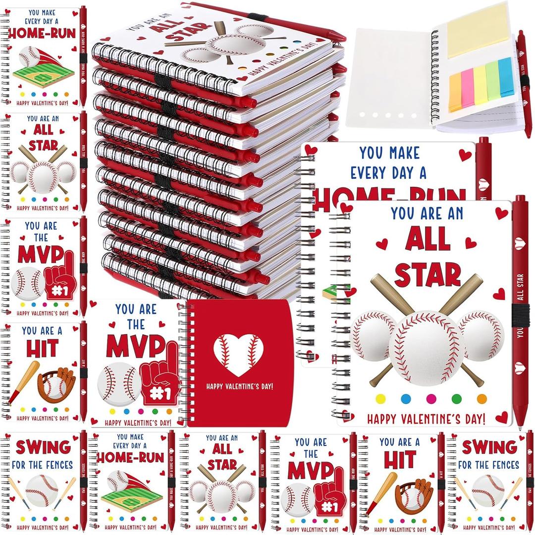 40 Pcs Valentines Day Baseball Gifts 20 Spiral Notebooks with Sticky Notes 20 Heart Pens Valentine Notepad Sport Lover Motivational Exchange Gift Bulk for Tween Teacher Student Classroom Team