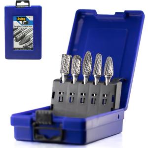 Carbide Burrs Set 5pcs with 1/4''Shank SB-5 SC-5 SF-5 SH-5 SL-4 Double Cut Solid Power Tool Rotary Files Bits for Die Grinder Metal Wood Carving Engraving Polishing Drilling Grinding Milling Cutting