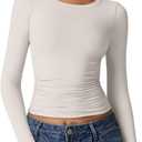 QINSEN Womens Crewneck Long Sleeve Shirt Double Lined Basic Tees Side Ruched Going Out Crop Tops (Small, White)