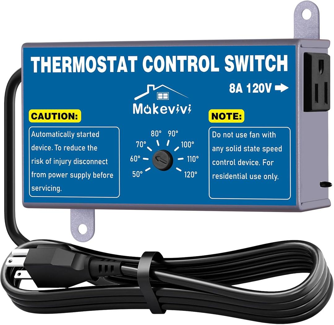 Attic Thermostat, Adjustable Temperature Controller for Attic Fan, with Overload Protection and Outlet, Plug-and-Play Exhaust Fan Thermostat for Greenhouse, Workshop, Garage (1 Pack)