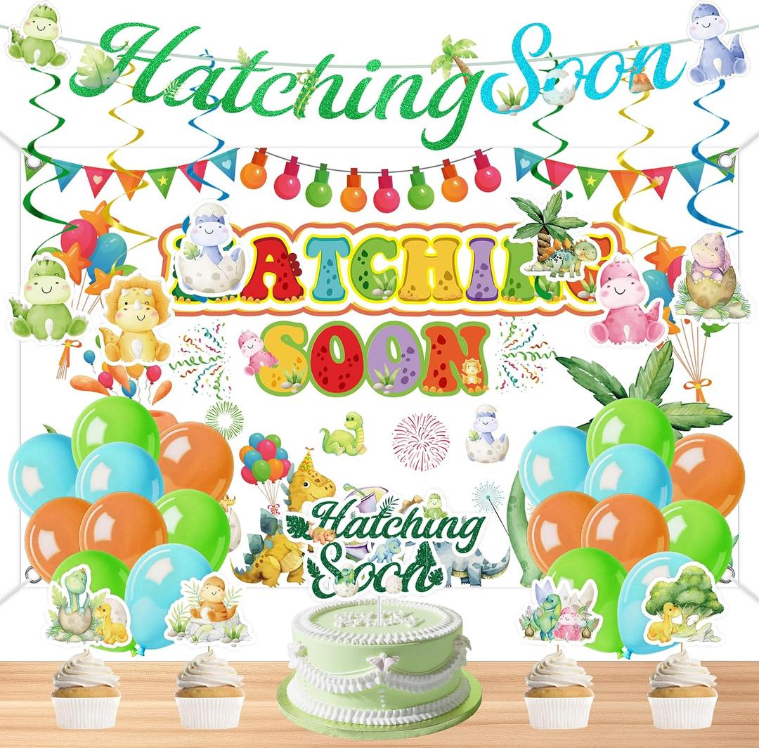 Dinosaur Baby Shower Decorations, 39 Pcs Hatching Soon Party Supplies with Banner Backdrop Hanging Swirl Toppers Toothpicks Balloons, Dino Party Decor for Gender Reveal Birthday
