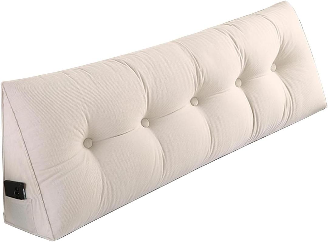 Husband headboard Pillow Large Back Rest Support Reading Pillows for Sitting in Bed for Adults Triangle Velvet Wedge Pillow headboard King Size, Beige