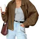 Kissonic Women's Oversized Jackets Faux Suede Bomber Jacket Lapel Pilot Cropped Casual Coat for Streetwear Outerwear(Brown-L)