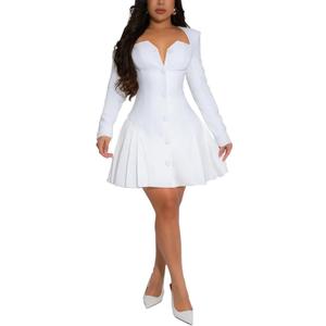 acelyn Womens Sexy Square V Neck Short Wedding Dresses Long Sleeve Button A-Line Pleated Blazer Club Party Mini Dress White S
