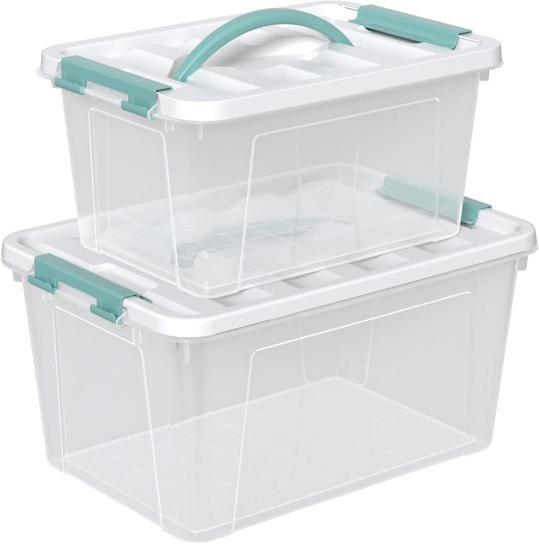 Plastic Storage Bins with Lids, 2 Pack Mixed Sizes (7 Qt, 14 Qt) Clear Box with White Lid, Stackable Organizer Boxes with Latches for Closet, Pantry, Bathroom, Office