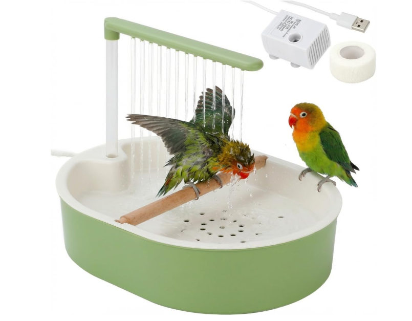 Parrot Shower for Cage, Automatic Parakeet Bird Bath with Circulating Water, USB Charging Quiet Pump Detachable Bathtub, for Small & Medium Birds Budgie, Cockatiel, Lovebird, Conure, Parrotlet, Quaker
