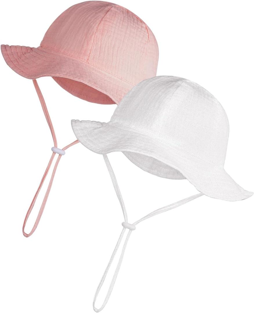 2Pack Baby Sun Hats, Wide Brim Sun Protection Infant Bucket Hat, 0-12M Adjustable Beach Hats for Portable Outdoor Essentials