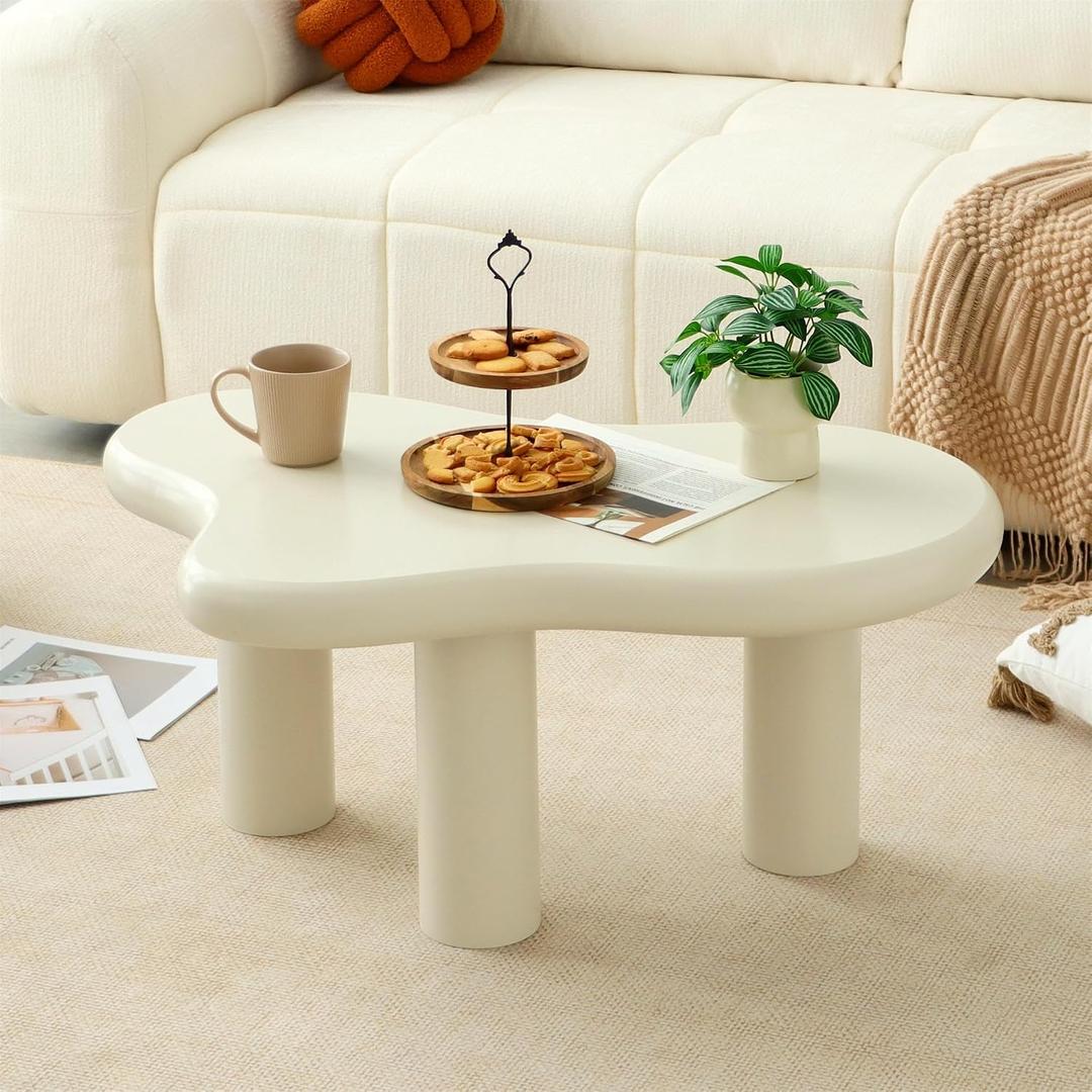 34"(L) Cloud Coffee Table, Modern Wood Coffee Table for Living Room, Accent Center Tables with 3 Legs, Small Tea Tables for Balcony, Patio, Bedroom, Cream White, 34 inches x 21 inches x 15 inches