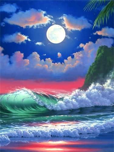 FILASLFT Diamond Painting Kits for Adults DIY 5D Beach Diamond Art Paint with Round Diamonds Full Drill MoonscapeGem Art Painting Kit Beach Moon View for Home Wall Decor Gifts(12x16inch/ 30×40cm)