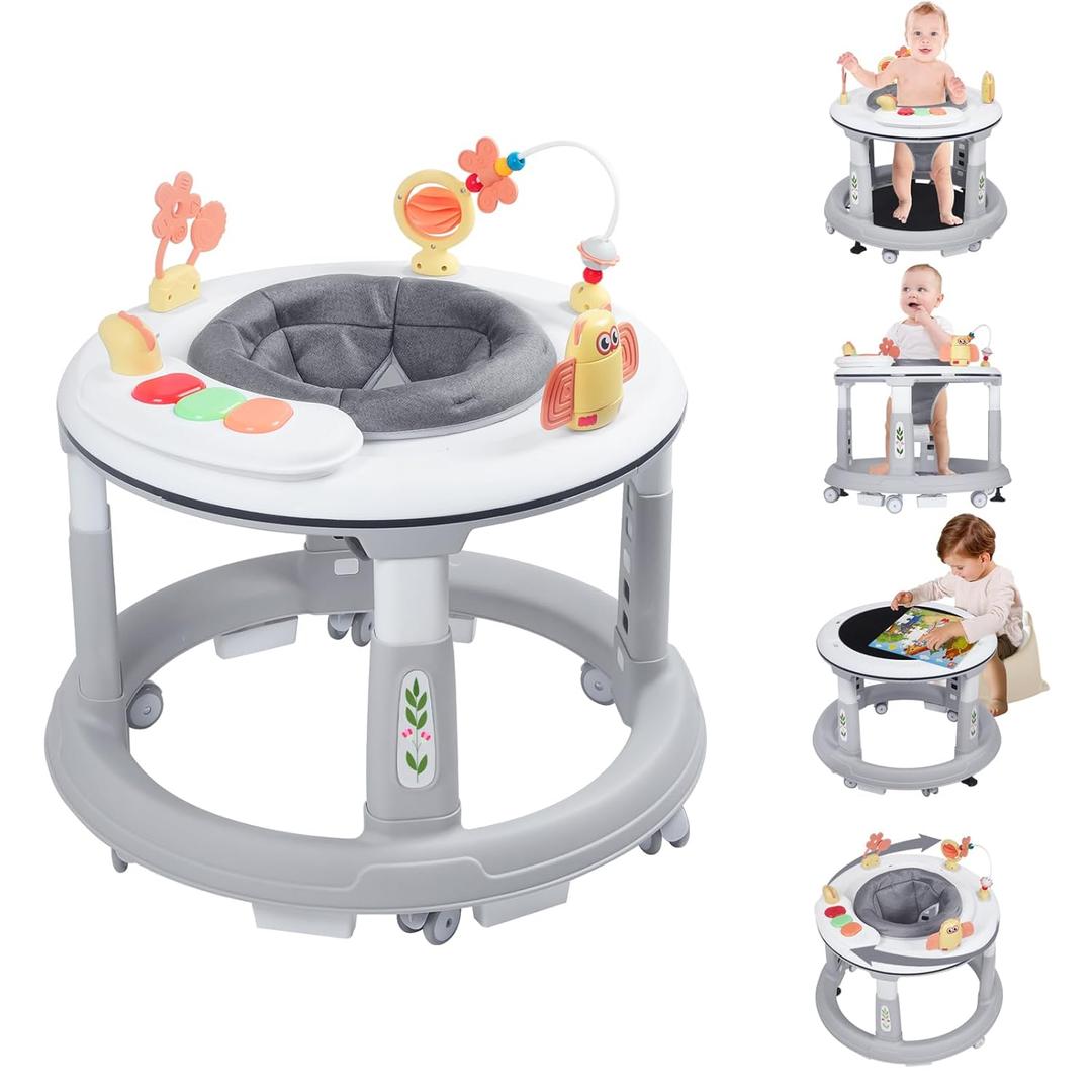 Baby Walker, 5 in 1 Baby Walkers for Boys Girls 6-12 Months, Foldable Baby Walker with Wheels with Bouncer & Learning Mode, Music, Adjustable Heights (a-grey)
