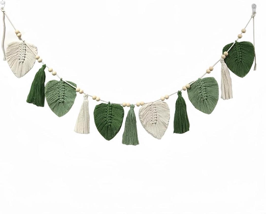 Avoik Macrame Woven Wall Hanging Boho Woven Leaf Tapestry Large Green Leaves Wall Decor Chic Home Decor Handmade Feather Wall Art for Bedroom Living Room Apartment Wall Decorations,Long 59 inch