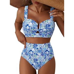Herseas Women's 2 Piece U Wire Cutout Bikini Sets Floral Print High Waisted Swimsuit 2026 Summer Beach Swim Bathing Suit (X-Large)