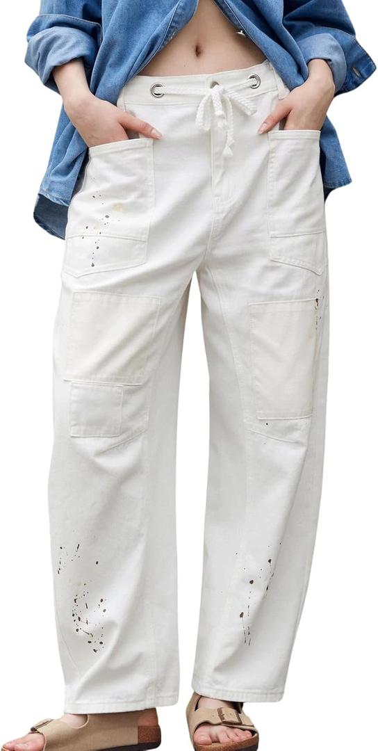CHARTOU Women's Cargo Drawstring Barrel Jeans Wide Leg Mid Waist Denim Pants Loose Y2K Boyfriend Jeans Baggy (Medium,White)