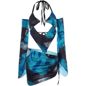 3 x CAPE CLIQUE Women Marble Print Halter Backless Dress Split Long Sleeves Sexy Slim Fit Mini Dress Cool-Street Skirt Suit Blue (Blue)