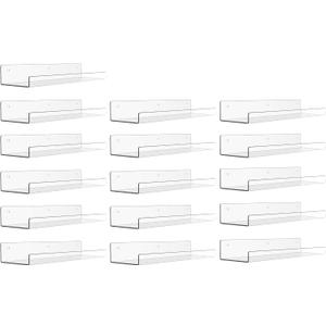 upsimples 16 Pack Acrylic Shelves for Wall Storage, 15" Floating Bookshelves for Kids, Display Shelf Organizer for Bathroom, Bedroom, Living Room, Kitchen, Room Decor, Clear