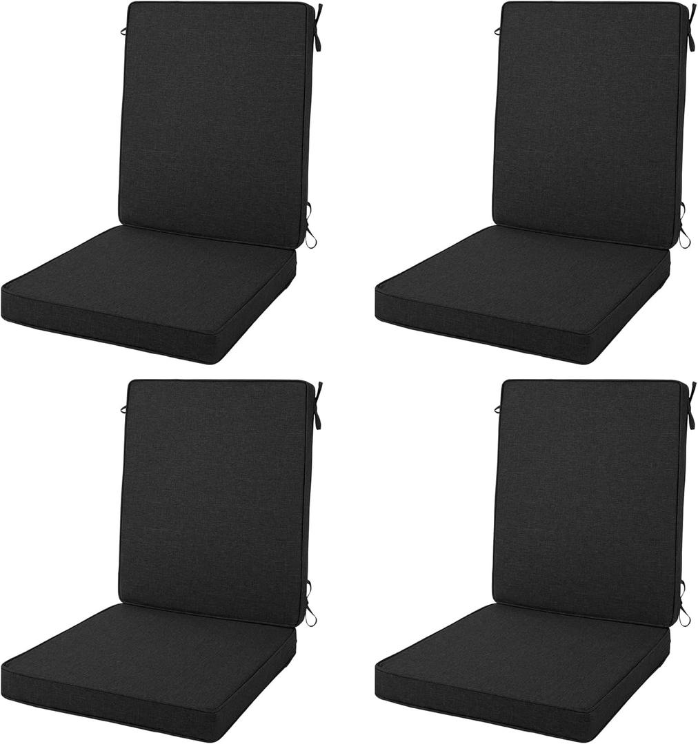 Outdoor Chair Cushions 20x20, Water-Resistant & Fade-Resistant, Patio Furniture Lawn Dining Chair Seat Replacement with High Back, Ties Zipper, Removable Cover, Set of 4, Black