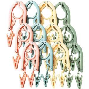 12Pcs Foldable Travel Hangers, Plastic Folding Clothes Hangers Multifunctiona Portable Hangers for Travel Dormitory School Hotel Women Laundry Coat Bag Drying (with Clips)
