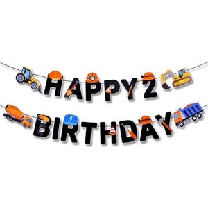 Pack of 2, Pre-Strung Construction 2nd Birthday banner for Construction Birthday Party Supplies - NO DIY - 2nd Construction Party Decorations（1st-5th）