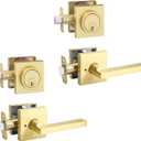 Gold Heavy Duty Privacy Lever Door Handle and Single Cylinder Deadbolt Lock and Key Combo Pack - Locking Lever Set for Left or Right-Handed Doors - Exterior Door Levers - Satin Brass,2pack