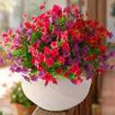 Artificial Flowers for Outdoors, Faux Spring Silk Flowers with Eucalyptus Leaves, UV Resistant Fake Plants for Garden Home Decoration, Outdoor Flower Pots (Mix of Red, Purple)