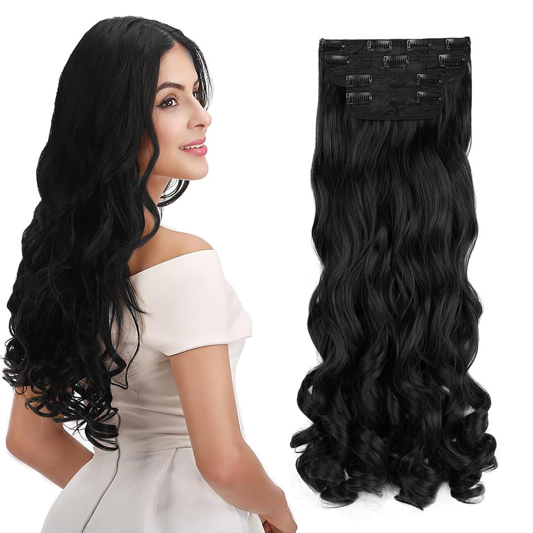 REECHO 24" Curly Wavy 4 Pieces Set Clip in Hair Extensions Natural Black