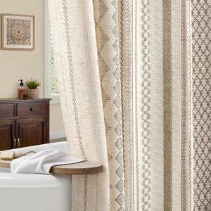 Boho Linen Shower Curtain for Bathroom, Western Striped Print and Twine-Inspired Woven Center,72" W x 72" L,Beige